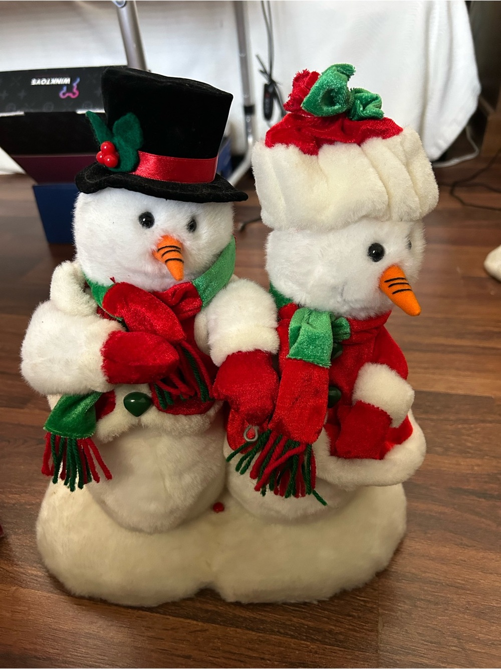 Holiday Plush Animated and Singing Snowman Duo - Red & Green Winter Decor by